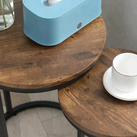 Rootz Set Of 2 Side Tables - Industrial Design - Stackable - Rustic Wood Grain - Metal Frame - Living Room - Brown + Black - 40 cm x 40 cm x 56 cm