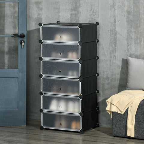 Rootz schoenenrek - modulair schoenenrek voor 6 paar schoenen - abs connectoren - deurplaat - houten hamer - zwart - 49L x 36,5B x 108H cm