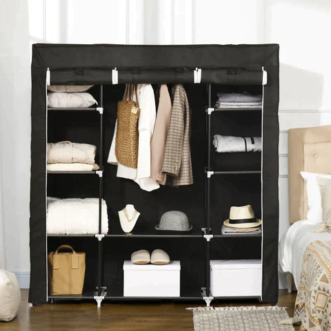 Rootz Wardrobe - Fabric Wardrobe Made Of Fleece - Folding Wardrobe - 1 Clothes Rail - 9 Shelves - Black - 150 cm x 43 cm x 162.5 cm