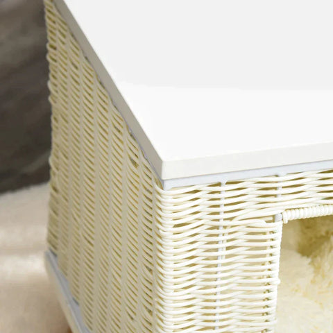 Rootz Kattenhuis - Kattenhol met Kussen - Kattenslaapplaats - Rotan Kattenmand - Kattenhut - Kattenbed - Dierenbed - Beige + Wit + Natuur - 36 x 36 x 40 cm