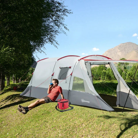 Rootz Campingtent - Tunneltent - Kampeertent met slaapkamer - Woonkamer - ingenaaide vloer - 3 deuren en draagtas - 2000 mm waterkolom voor vissen - Wandelen - Sporten - Reizen - Grijs - 5.10x2.40x1.80m