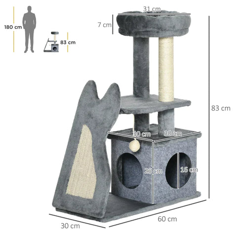 Rootz Scratching Post - One House - Two Platforms - Toy Ball - Sisal - Grey+cream White - 60 x 30 x 83cm