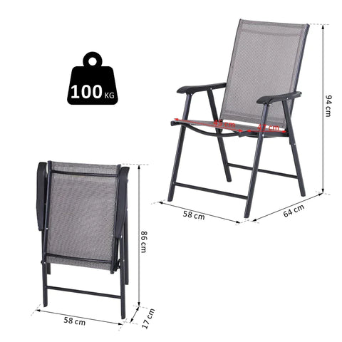 Rootz Folding Chair With Armrests - Set of 2 Foldable Outdoor Garden Chairs - Steel Frame - Garden - Balcony - Beach - Grey - 58 x 64 x 94 cm
