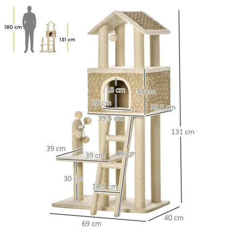 Rootz Krabpaal - Met Kattenhol - Kattenhuis - Kattenkooi - Kattenmeubel - Kaki/Beige/Koffie - 69L x 40B x 131H cm