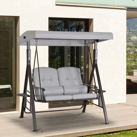 Rootz 2-seater Swing Chair With Canopy - Hollywood Swing - Garden Swing Chair - Metal + Polyester - Grey + Brown - 1.62 x 1.18 x 1.73 m