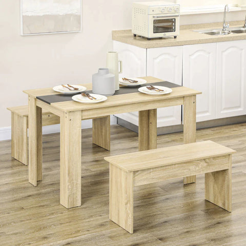 Rootz 3 Pcs. Dining Group - Table And Two Benches - Classic Design - Wood Look - Chipboard - Oak + Black - 119cm x 70cm x 75cm
