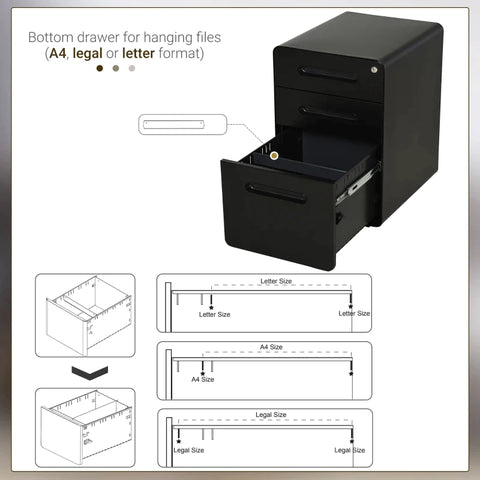 Rootz File Cabinet - Rolling Container - Office Container - 3 Drawers - Home - Office - Black