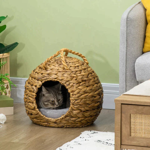 Rootz Cat Cave - Rattan Cat House - Water Hyacinth Grass with Handle - Natural - 41cm x 38cm x 41cm