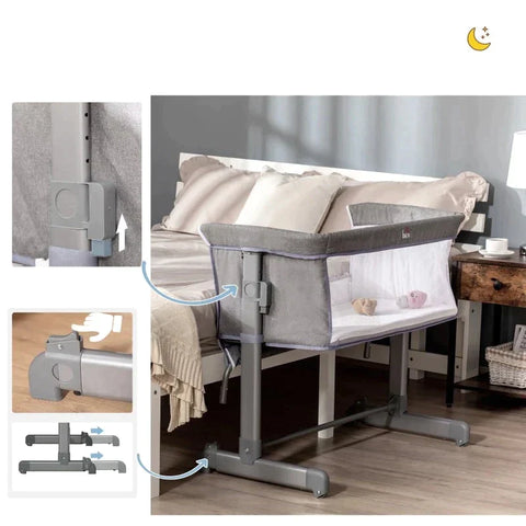 Rootz Baby Cot - Baby Bed - Extra Bed - Travel Bed - Height Adjustable - With Mattress - Steel/Mesh/Plastic - Grey - 86 x 50 x 83cm