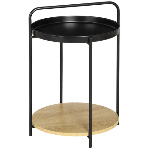 Rootz Side Table - Industrial Design - 2-in-1 Function Incl. Tray - Steel Pipe - Chipboard - Black + Natural - 43.5L x 42.5W x 60H cm