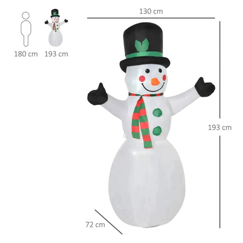 Rootz Snowman - Christmas Snowman - Inflatable Snowman with 2 Module Lights - Christmas Decoration - Garden Lawn Decoration - White - 130 x 72 x 193 cm