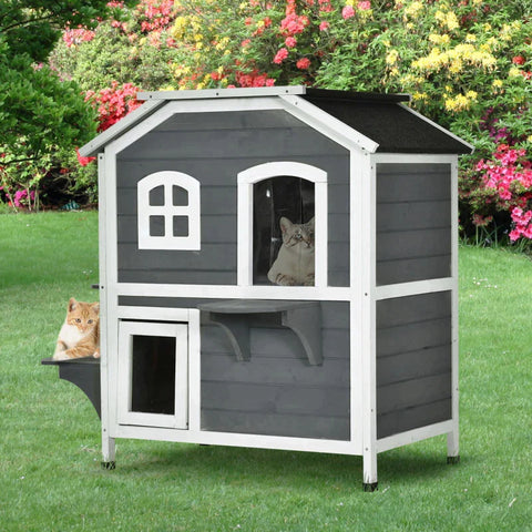 Rootz Kattenhuis - Kattenhut - Kattenhuis met 2 verdiepingen - Waterdicht Kattenhuis - Asfaltdak - Dennenhout - Grijs - 78 x 55,5 x 91 cm
