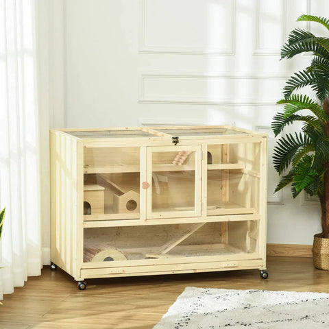 Rootz Small Animal Cage With 4 Wheels - 3 Levels - Including Accessories - Fir Wood - Natural - 110 cm × 60 cm × 80 cm