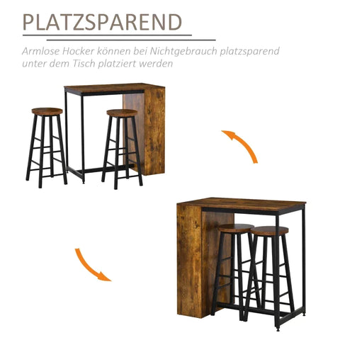Rootz Bar Table Set - Dining Table Set - Height Table - 2 Stools - Storage Shelf - 91x49x91 cm