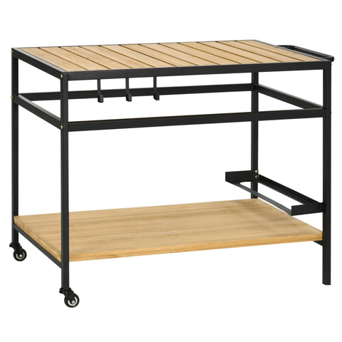 Rootz Outdoor Bar Cart - Serving Cart - Industrial - Weather Resistant Serving Cart - 3 Hooks 1 Shelf - Black + Natural - 107cm x 65cm x 80cm