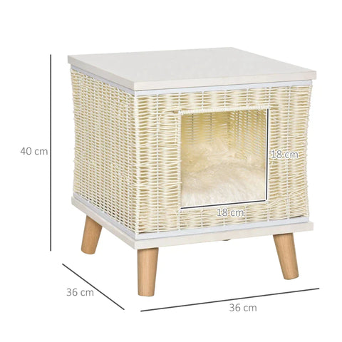 Rootz Kattenhuis - Kattenhol met Kussen - Kattenslaapplaats - Rotan Kattenmand - Kattenhut - Kattenbed - Dierenbed - Beige + Wit + Natuur - 36 x 36 x 40 cm