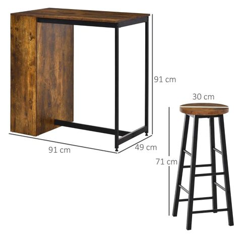 Rootz Bar Table Set - Dining Table Set - Height Table - 2 Stools - Storage Shelf - 91x49x91 cm