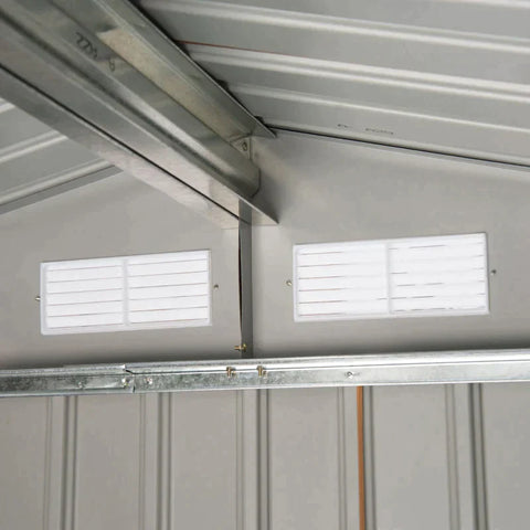 Rootz Gartenschuppen – Geräteschuppen – Lagerschuppen aus Metall mit Schiebetüren – Lagerschuppen für den Außenbereich mit Fundamentbelüftung – Gelb – 2,13 x 1,30 x 1,85 cm