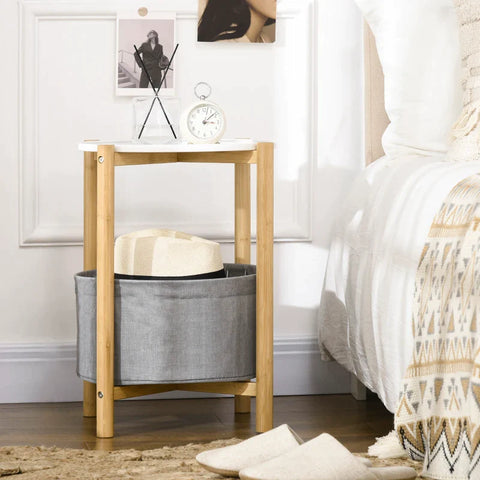 Rootz Side Table with Removable Tray - 1 Storage Basket - Bamboo - White + Natural + Gray - 45cm x 45cm x 54cm
