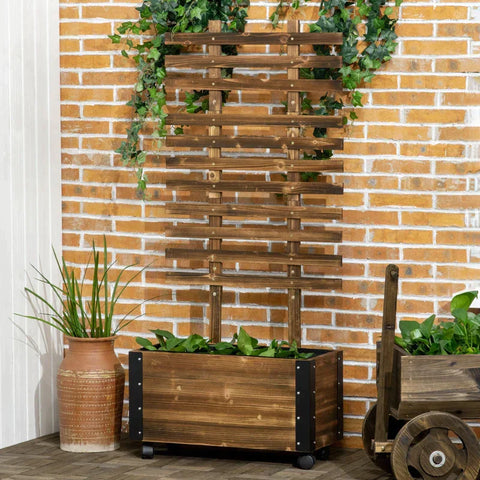 Rootz Verhoogd Tuinbed met Trellis - 4 Wielen - Behandeld Massief Hout - Zwart + Bruin - 65cm x 31cm x 147cm