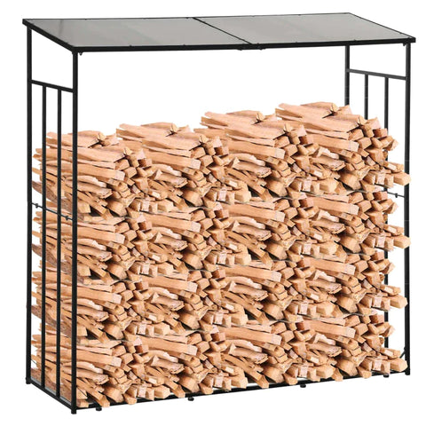 Rootz Firewood Rack - Polycarbonate Roof - Metal Frame - Outdoor Use - Black+Brown - 185x67x185cm