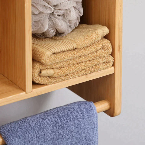 Rootz Bathroom Cabinet - Bamboo Bathroom Cabinet - Bathroom Shelf - Bathroom Storage Cabinet - 4 Shelves 1 Cabinet - Louvered Doors - Bamboo - Natural - 65cm x 17.8cm x 54.6cm