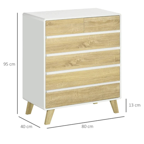 Rootz Chest Of Drawers - Sideboard - 6 Drawers - Minimalist Design - White + Wood - 80 x 40 x 95 cm