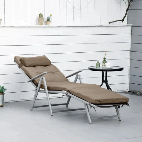 Rootz Garden Lounger - Sun Lounger - Beach Lounger - Foldable - Adjustable - With Cushion - Metal/Fabric - Brown/Silver - 137 x 63.5 x 100.5 cm