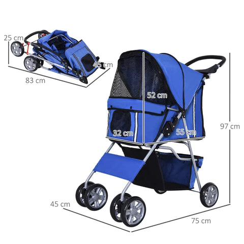 Rootz Dog Stroller - Pet Stroller - Dog Buggy - Dog Stroller For Travel - Foldable Pet Stroller - Dog Travel Buggy - Compact Pet Carriage - Blue - 75L x 45W x 97H cm