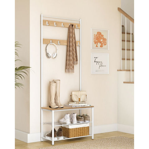 Rootz Coat Stand - Coat Stand With Shoe Rack - Standing Coat Rack - Tree Coat Stand - Wall-mounted Coat Hooks - Chipboard - Steel - Oak-white - 32 x 70 x 175 cm (D x W x H)