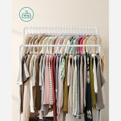 Rootz Clothes Rack - Clothes Rack With 2 Rails - Garment Rack - Rolling Clothes Rack - Standing Clothes Rack - Adjustable Clothes Rack - Steel - White - 100 x 59 x 162 cm (L x W x H)