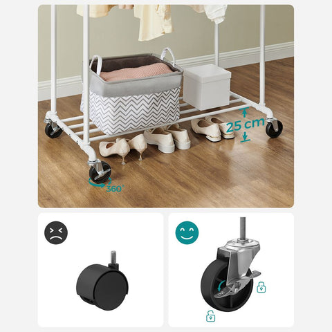 Rootz Clothes Rack - Clothes Rack With 2 Rails - Garment Rack - Rolling Clothes Rack - Standing Clothes Rack - Adjustable Clothes Rack - Steel - White - 100 x 59 x 162 cm (L x W x H)