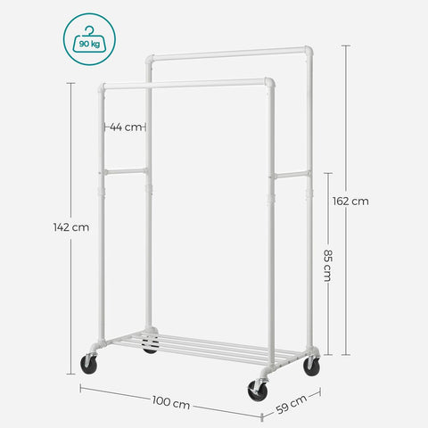 Rootz Clothes Rack - Clothes Rack With 2 Rails - Garment Rack - Rolling Clothes Rack - Standing Clothes Rack - Adjustable Clothes Rack - Steel - White - 100 x 59 x 162 cm (L x W x H)