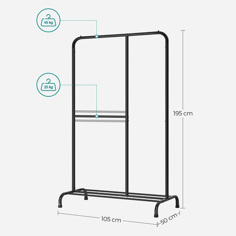 Rootz Kleiderständer – Kleiderständer mit Schuhregal – Rollbarer Kleiderständer – Wandmontierter Kleiderständer – Robuster Kleiderständer – Stahl – Schwarz – 105 x 50 x 195 cm (L x B x H)