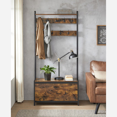 Rootz Coat Stand - Coat Stand With Shoe Cabinet - Coat Rack - Standing Coat Stand - Wall Mounted Coat Stand - Freestanding Coat Stand - Industrial Coat Stand - Chipboard - Steel - Vintage Brown-black - 30 x 85 x 180 cm (D x W x H)