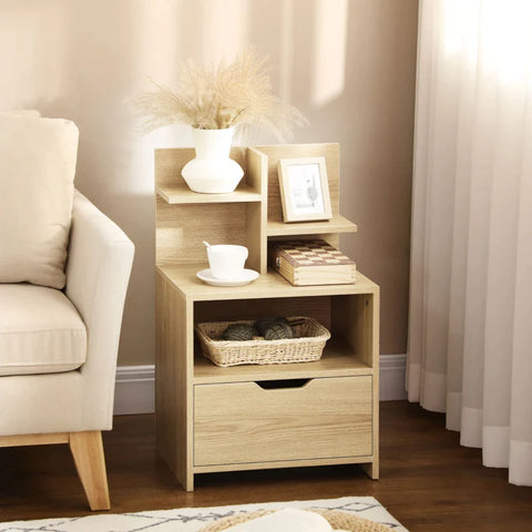 Rootz Bedside Table - 2 Shelves - Open Storage Compartment - Drawer - Chipboard - Wood Look - Natural - 45 x 35 x 73 cm