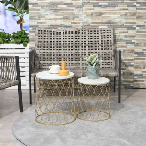 Rootz Patio Table - Garden Table - Side Table - Coffee Table - Marble & Gold Effect - Steel - Gold/White - 41 x 46cm & 35 x 38.5cm