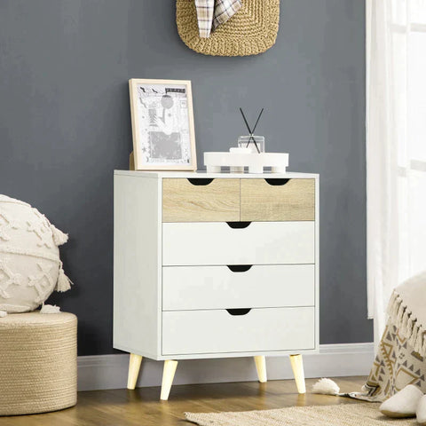 Rootz Chest Of Drawers - Cabinet - 5 Drawers - Anti-tilt - Modern Design - Pine Wood - White + Light Brown - 60 x 40 x 77.5 cm