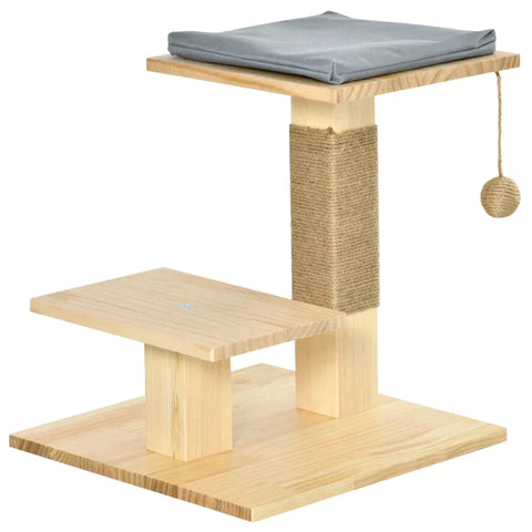 Rootz Wooden Scratching Post - Cat Tree - Climbing Tree With Jute - Cat Furniture - Scratching Board With Cushion - 2 Platforms - Stable Cat Toy - Natural - 40 x 40 x 43 cm