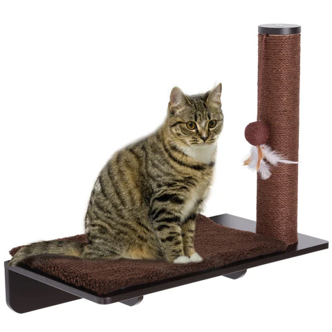 Rootz Climbing Wall Cats - Cat Lounger - Wall Scratching Post - Scratching Post Lounger - 53cm Cat Shelf - Cat Shelf With Ball Toy - Wall-mounted Cat Toy - Durable Cat Scratching Post - Cat Relaxation Shelf - Luxury Cat Wall Furniture - Brown