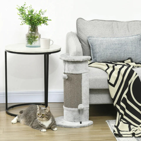 Rootz Cat Scratching Post - Including 2 Balls - Covered Plush - Play Balls - Soft Plush - Chipboard - Corner Walls - Grey - 34L x 25.5W x 58H cm