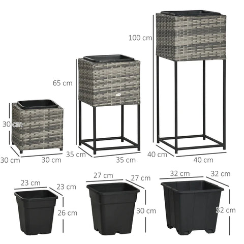 Rootz Raised Bed - Step Design - Three Plant Boxes - Rattan Look - Can Be Used Separately - Steel Frame - Gray - 40L x 40W x 100H cm