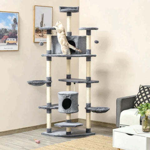 Rootz Scratching Post - With Cat Cave - Cat House - Cat Cage - With 2 Hammocks - Light Gray - 60L x 60W x 200H cm
