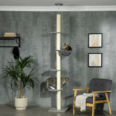 Rootz Scratching Post With Hammock - Incl. Ceiling Tensioner - Ceiling Height - Gray + Creamy White - 40 cm x 40 mx 250 cm