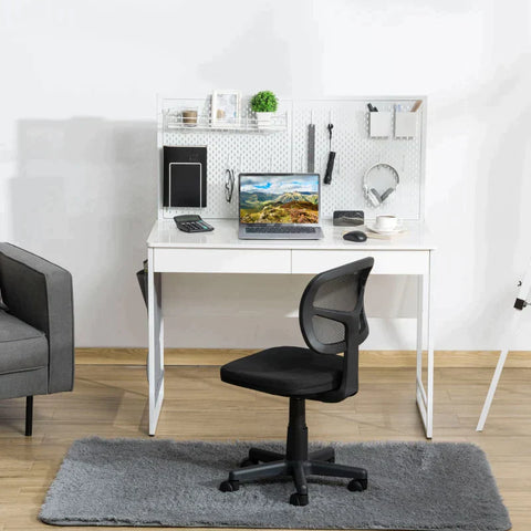 Rootz Computertisch – Computertisch mit 2 Schubladen – inkl. Memo-Gitter + 10 Haken – Seitentasche – Stahl – Spanplatte – Weiß + Grau – 110 L x 58,5 B x 127 H cm