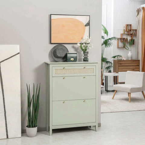 Rootz Shoe Cabinet - Shoe Chest - 2 Tilting Drawers - Stripes In Rattan Look - Anti-tip - MDF/Plastic Rattan - Green - 88 x 30 x 120cm