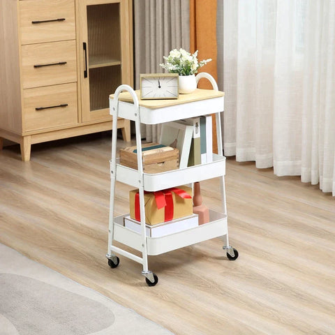 Rootz Kitchen Trolley - Trolley - 3 Shelves Trolley - With 3 Basket Shelves - Steel/PP Plastic - White - 45 x 31 x 79.4 cm