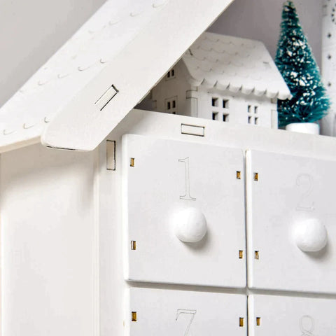Rootz Christmas Advent Calendar - Christmas Calendar With LED Lights - With 24 Draw Boxes - 2-in-1 Design Christmas Decoration - White - 39 x 9 x 42 cm