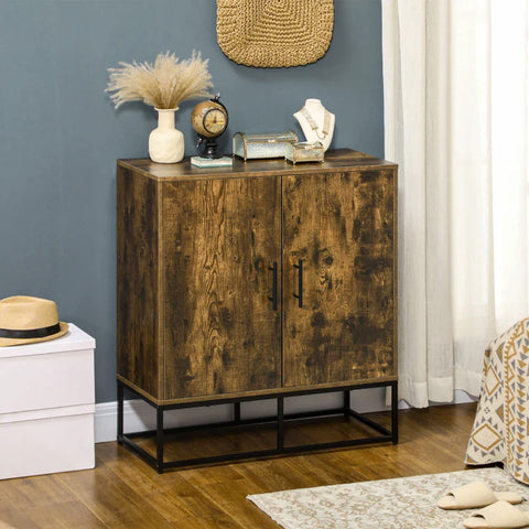 Rootz Sideboard - 2 Doors - 4 Shelves - Industrial Design - Storage Cabinet - Chipboard - Steel - Brown + Black - 80cm x 39cm x 91cm