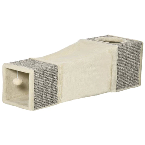 Rootz Cat Tunnel - 2 Cat Caves - Cat Bed - Scratch Pads And Ball Toy - Chipboard/Fluff/Sisal - Brown/Beige - 98cm x 30cm x 30cm